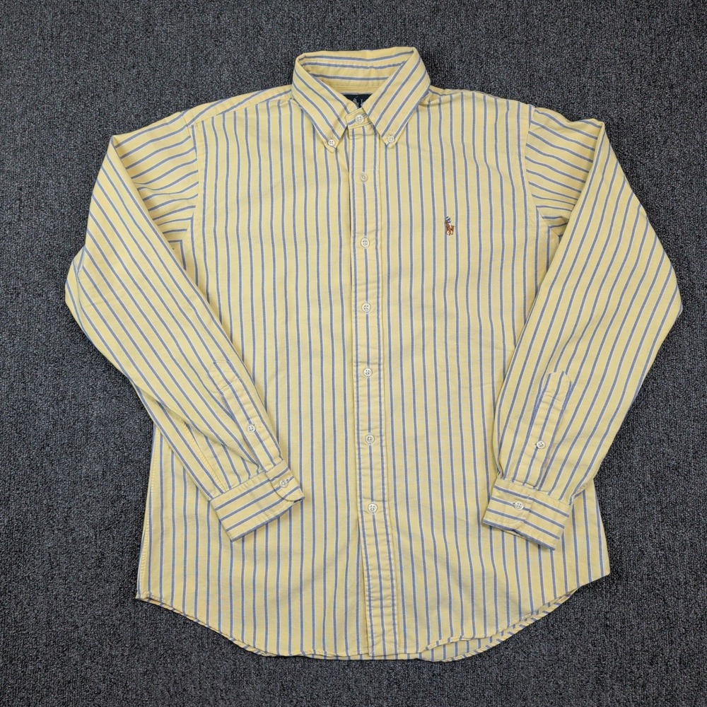 Ralph Lauren Preppy Striped Oxford Shirt M Yellow Blue Cotton Custom Fit Pony